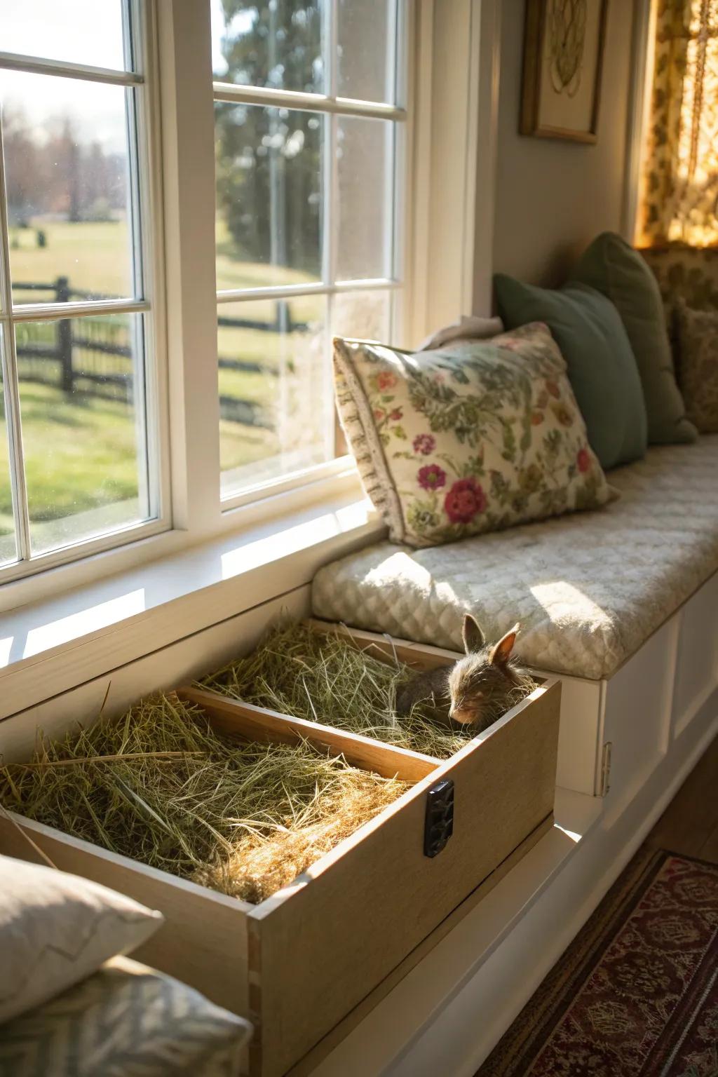 A window seat offering concealed hay storage.