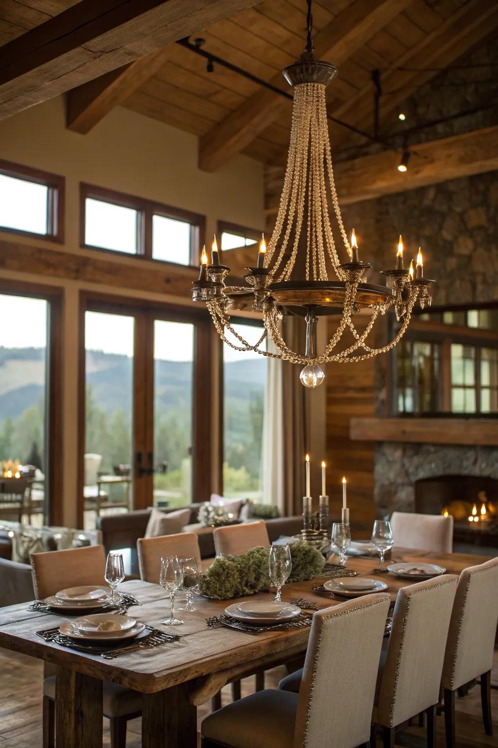 A dramatic pendant incorporates elegance and focus to this ranch house dining area.