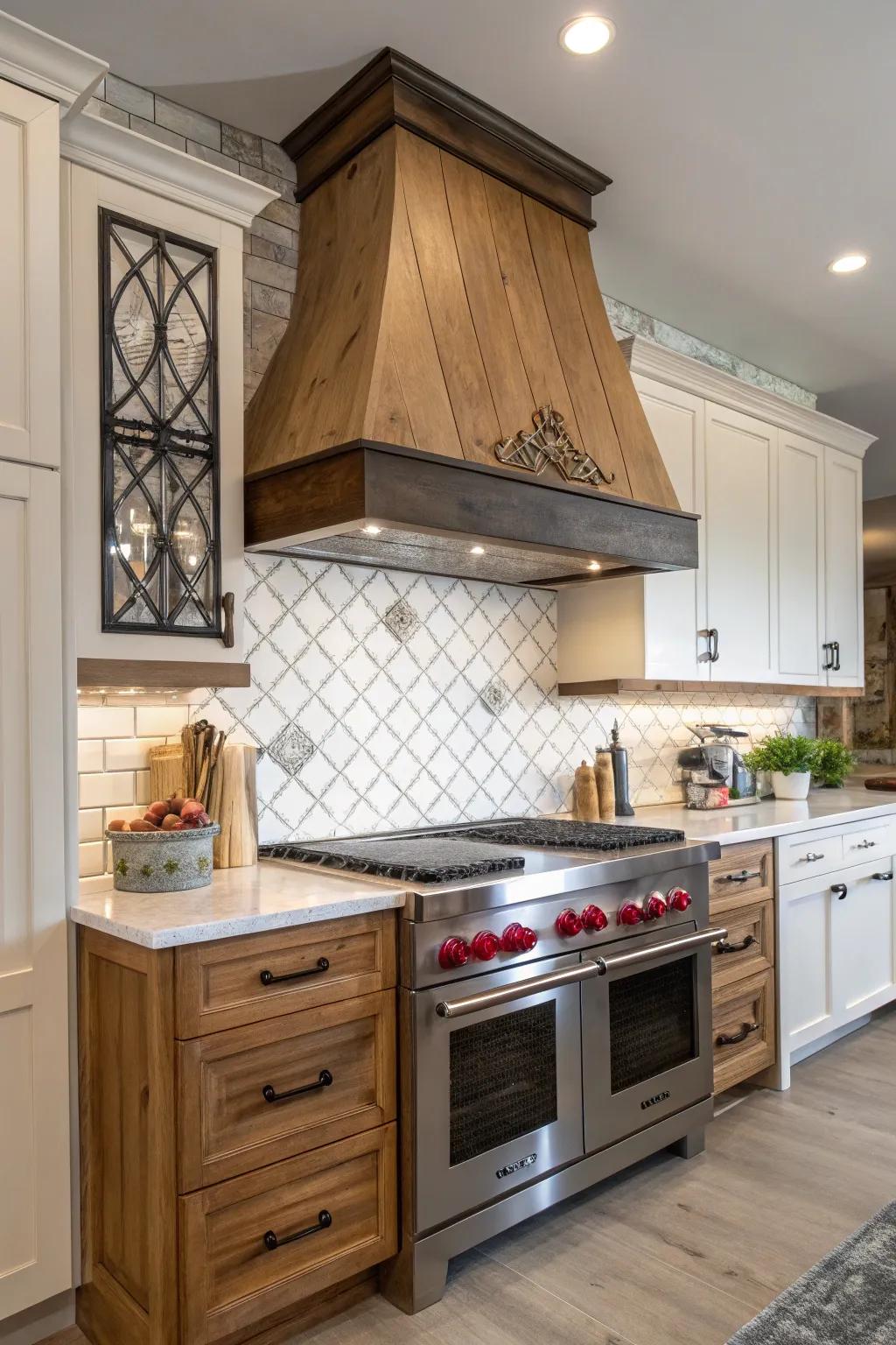 Blended materials establish a striking range hood design.