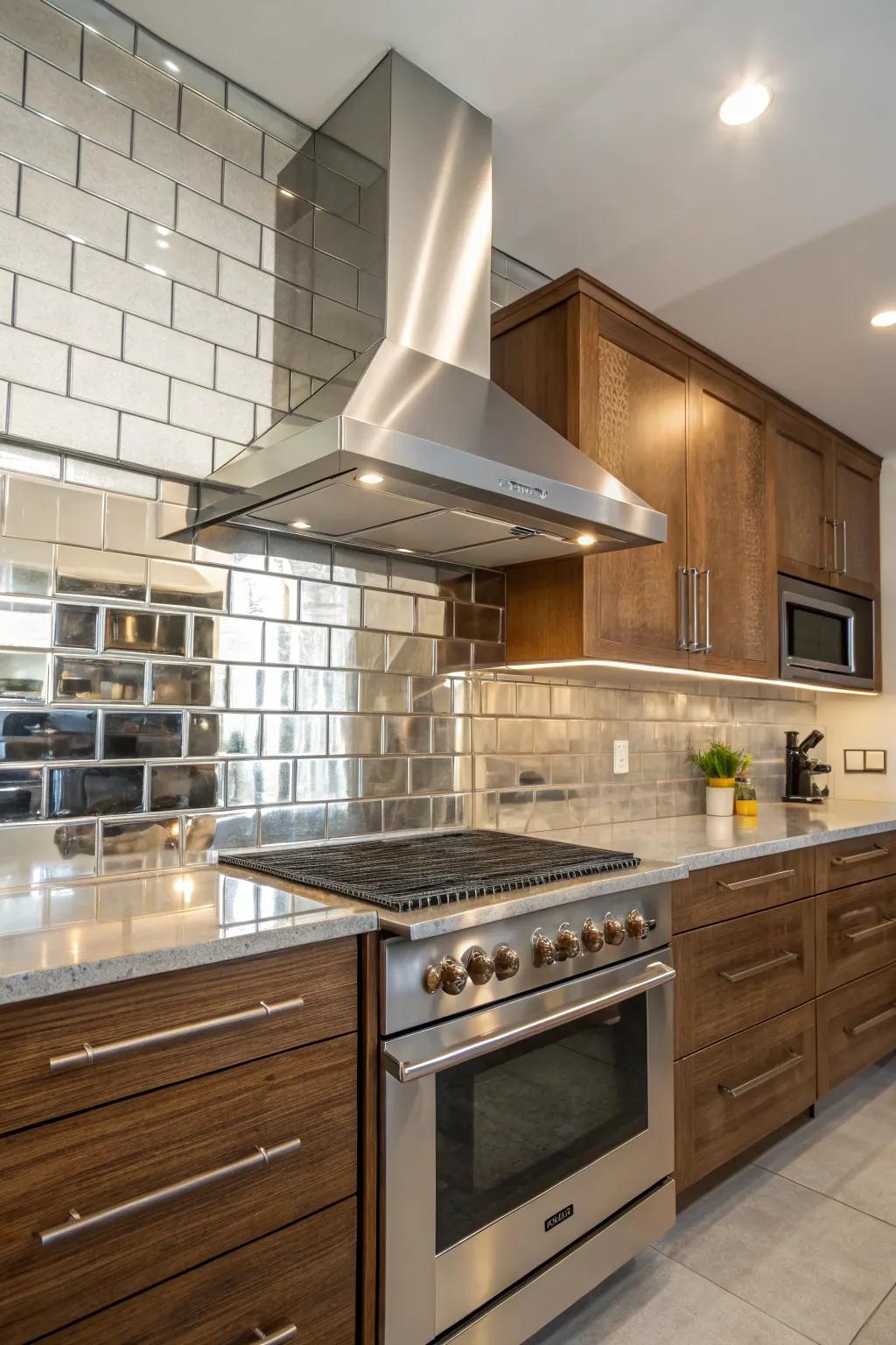 Kitchen with a reflective tile backsplash that enhances light, paired with a metallic vent hood.