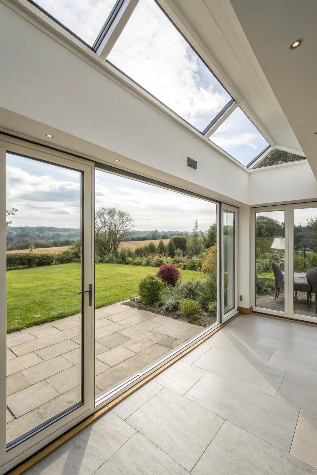 A back house extension with imaginative corner windows providing expansive views.