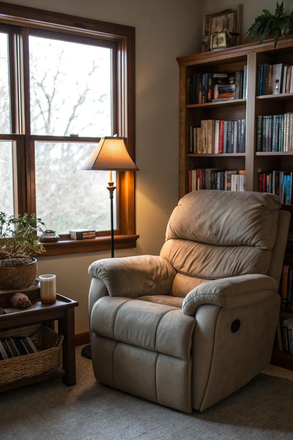 A cozy reading corner featuring a recliner sofa and a well-stocked bookcase, creating a perfect literary escape.