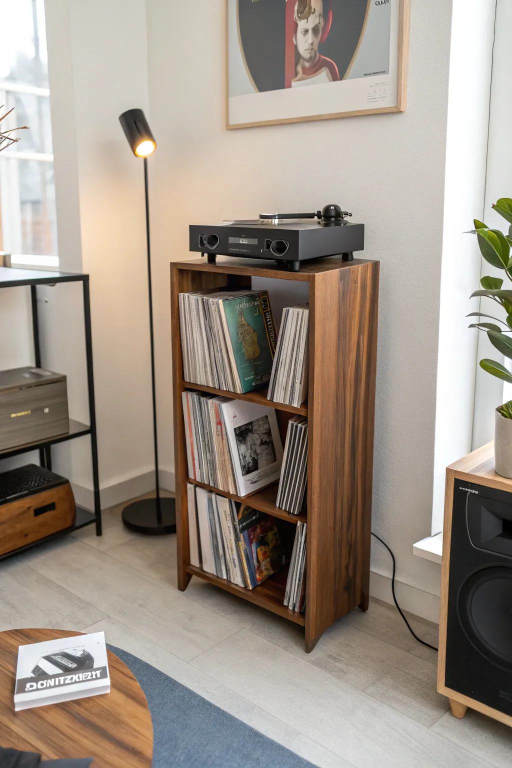A space-saving vertical stand perfect for a small record player setup.