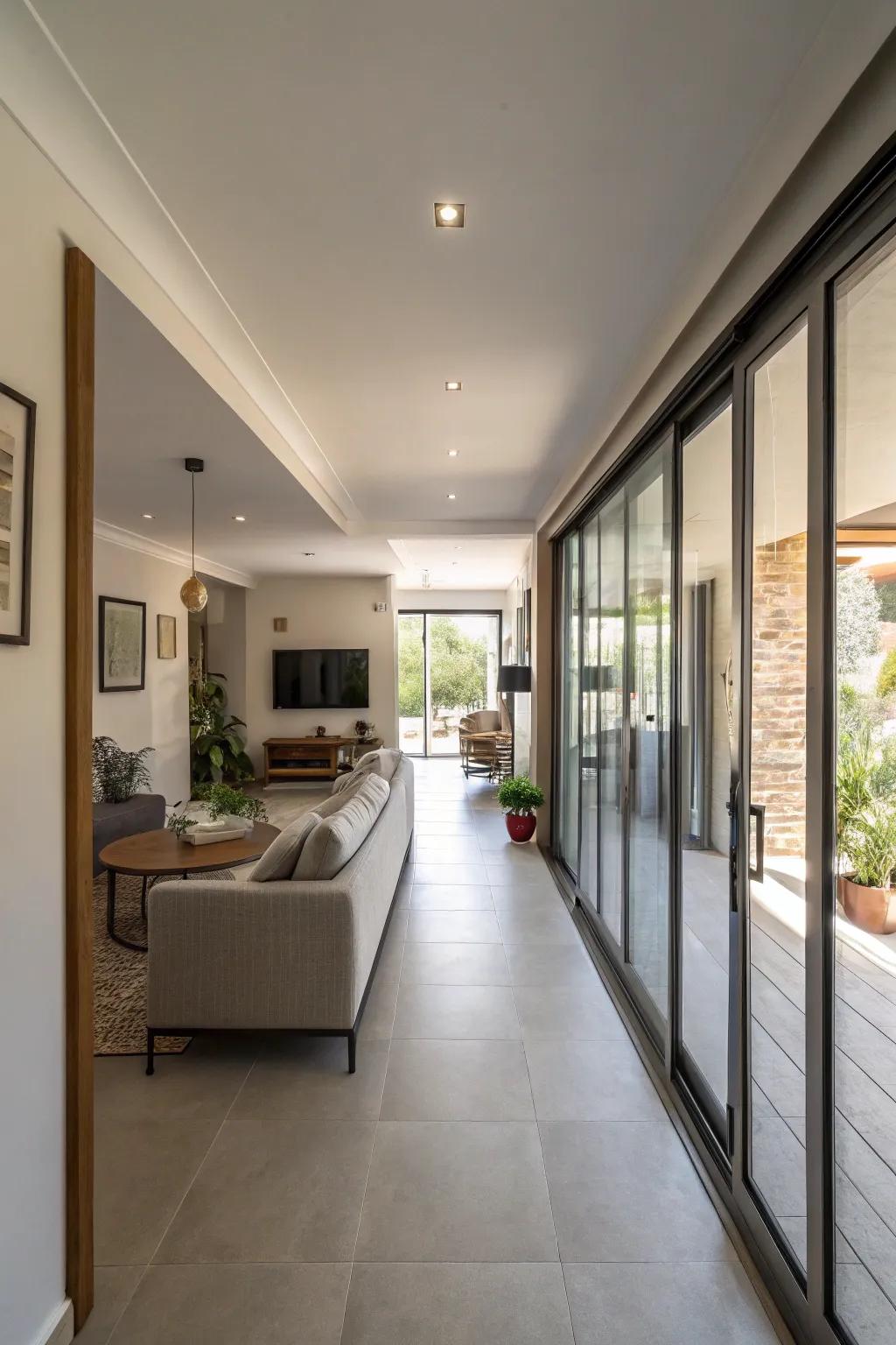 Sliding doors free up space and add to the flexibility of a slender layout.
