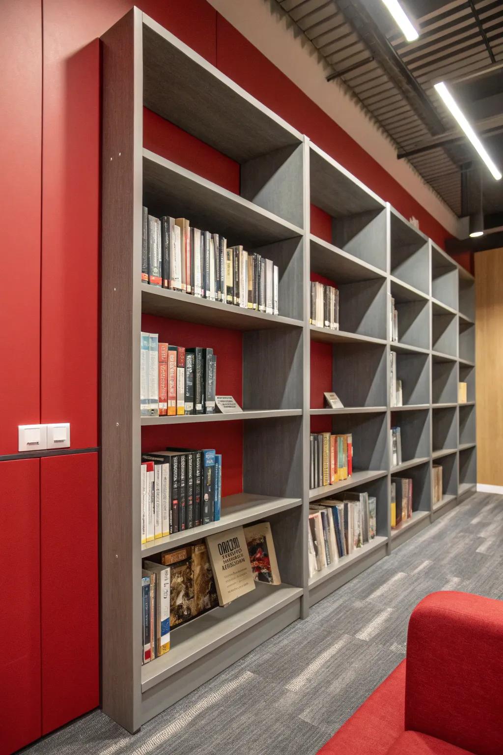 Display Units decorated with scarlet panels and grey shelves for a bold vibe.