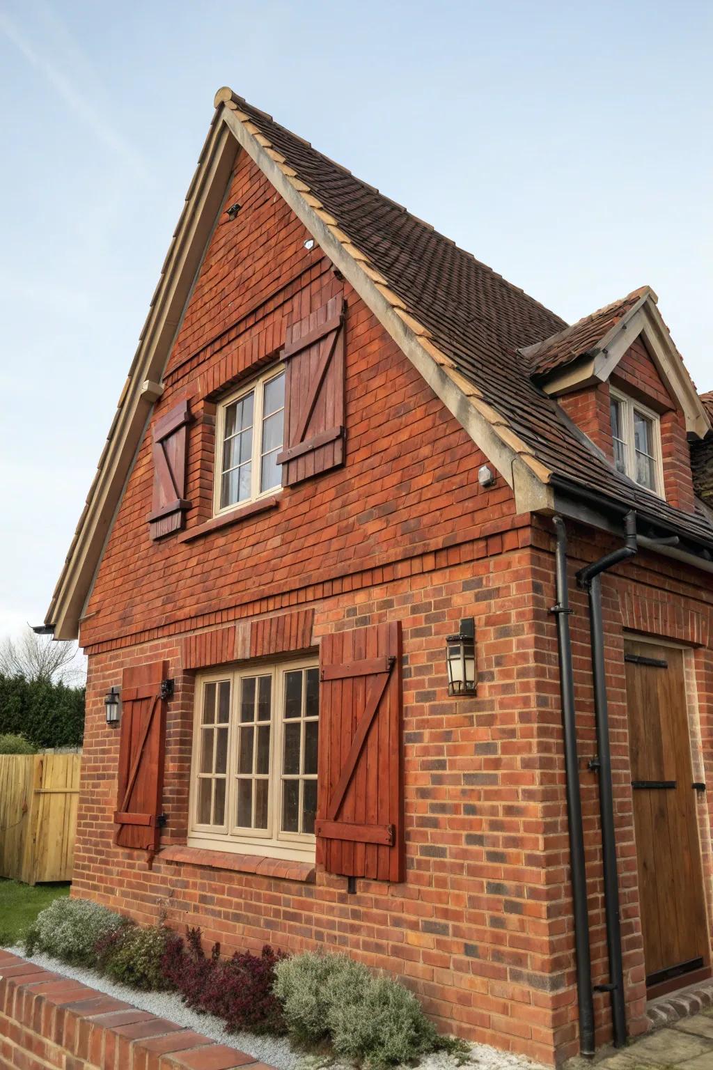 Unique shutter designs add character to this red brick house.