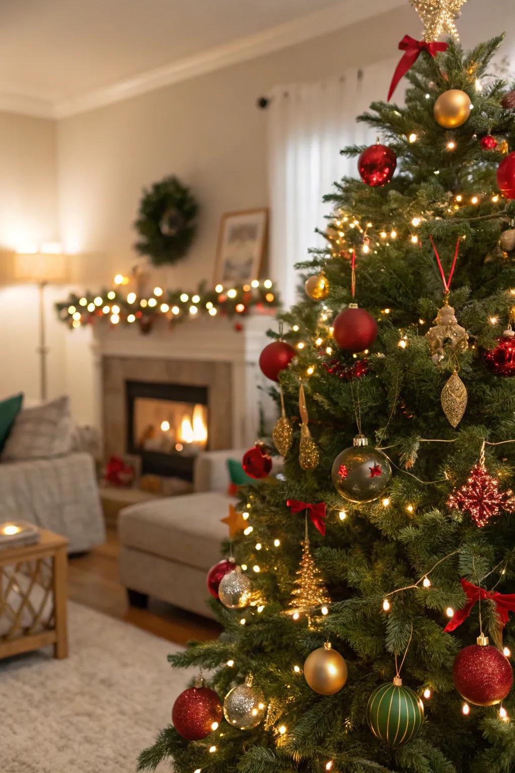 Bespoke ornaments contribute a unique touch to this festive tree.