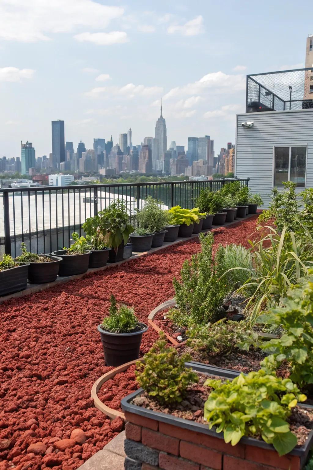 Crimson volcanic stones contribute panache and function to this elevated garden retreat.