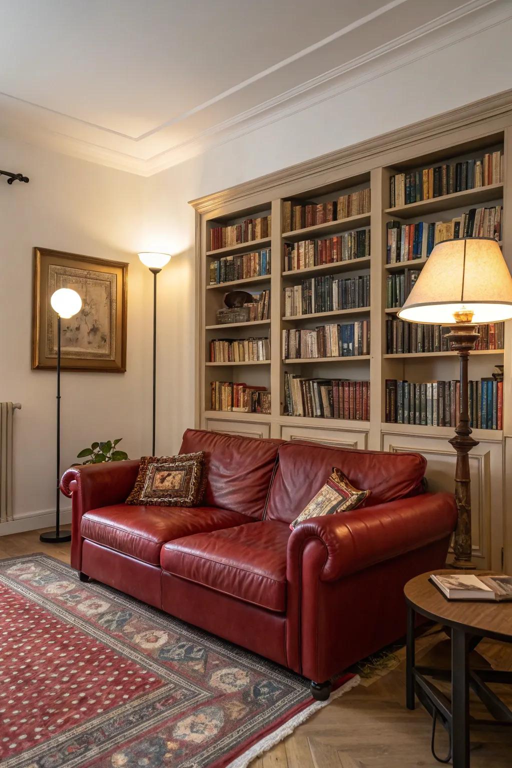 A comforting corner featuring a crimson hide sofa offers an ideal location for relaxation and reading.