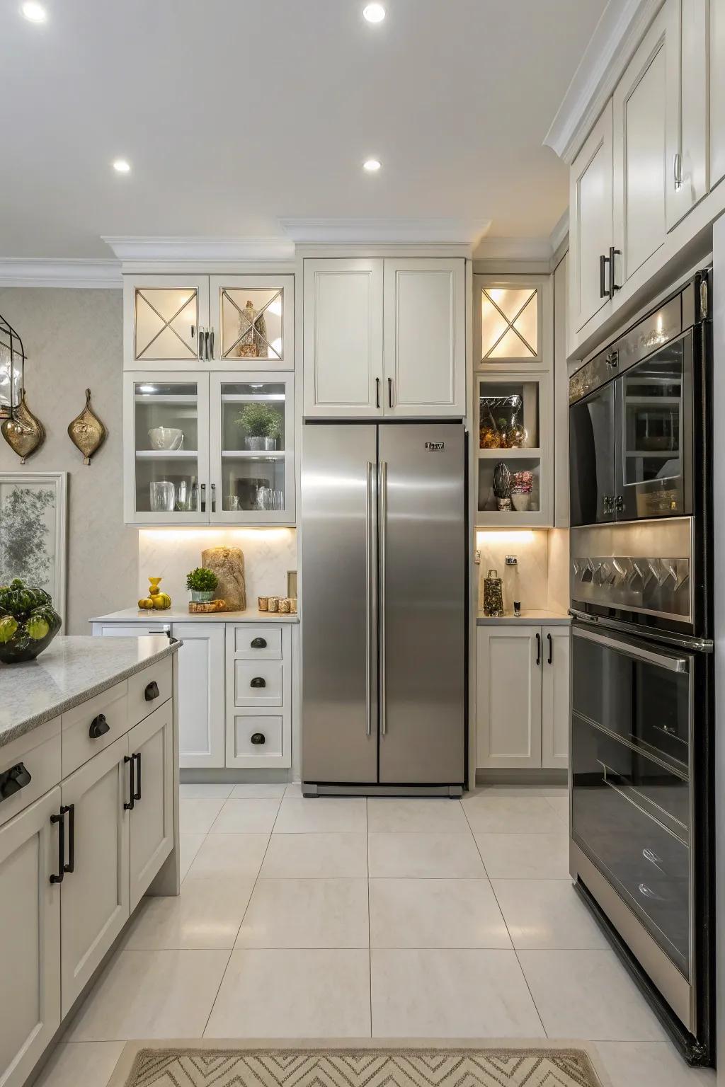 Well-balanced design surrounding the refrigerator creates a harmonious kitchen space.