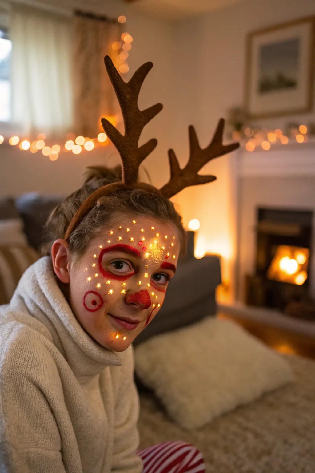 Glowing highlights bring a warm, inviting glow to reindeer face paint.
