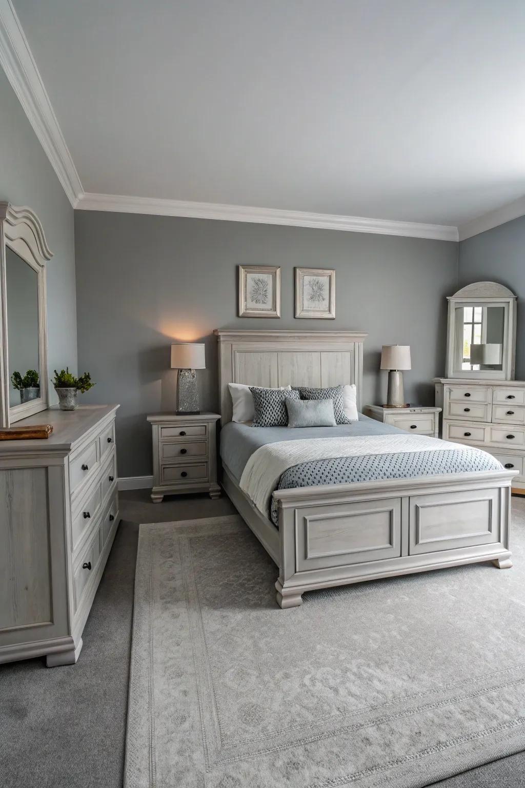 Symmetrical design enhances harmony in a repose gray bedroom.