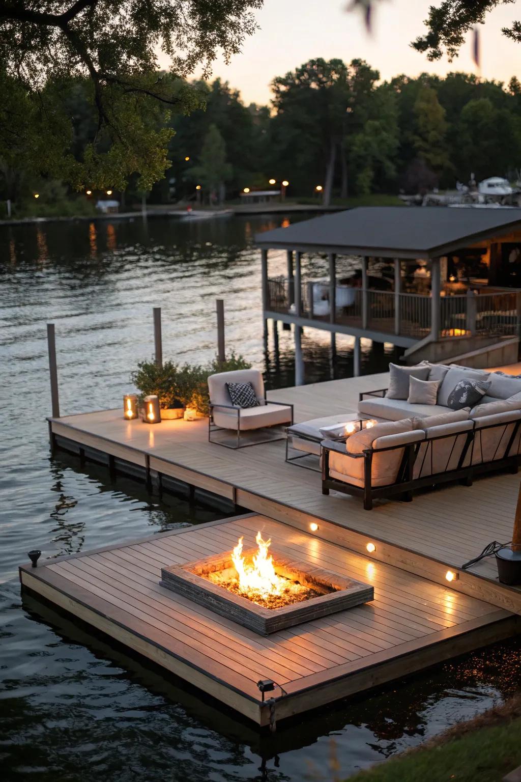 A dock showcasing a fire pit for inviting and cozy evenings.