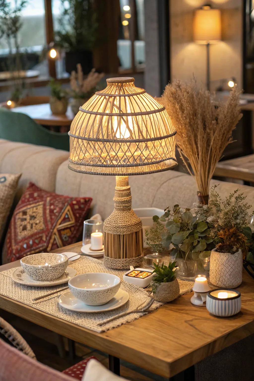 Woven table lamp on a restaurant table presenting bohemian decor components.