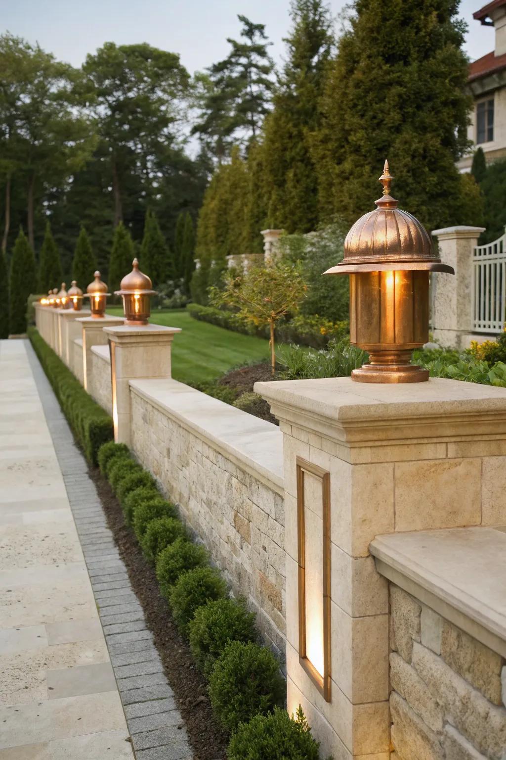 Copper caps furnish an opulent, radiant highlight.