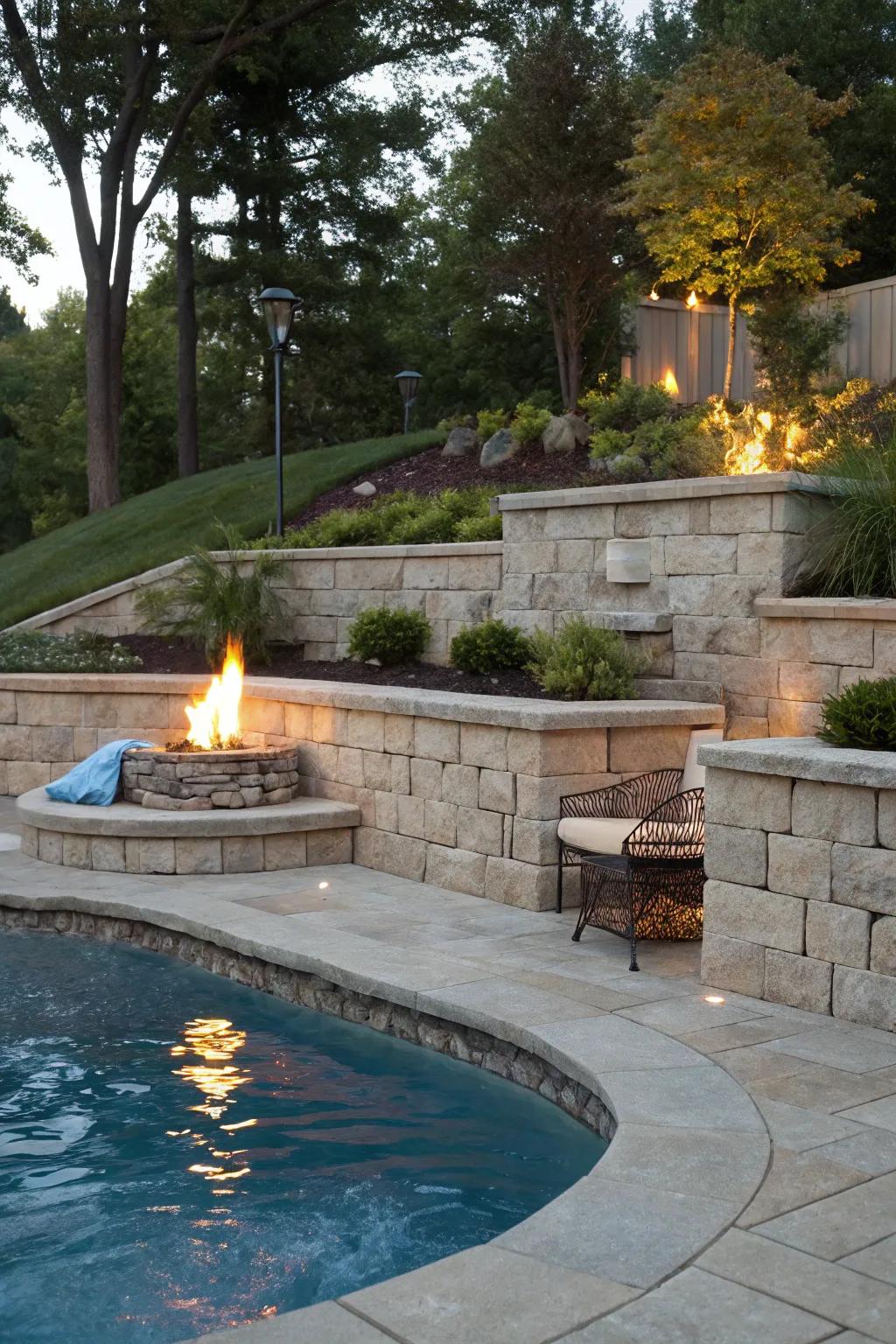 A retaining wall with a cozy fire pit for evening warmth.