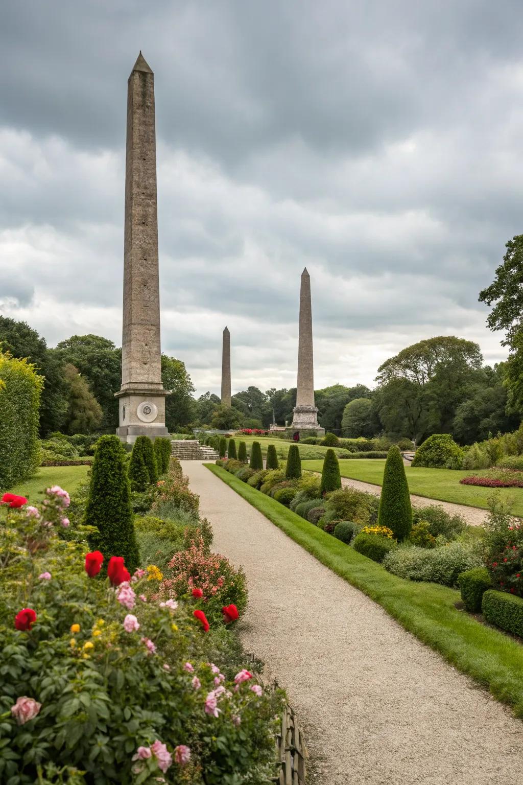 Tall stone obelisks serving as striking attributes in a garden.