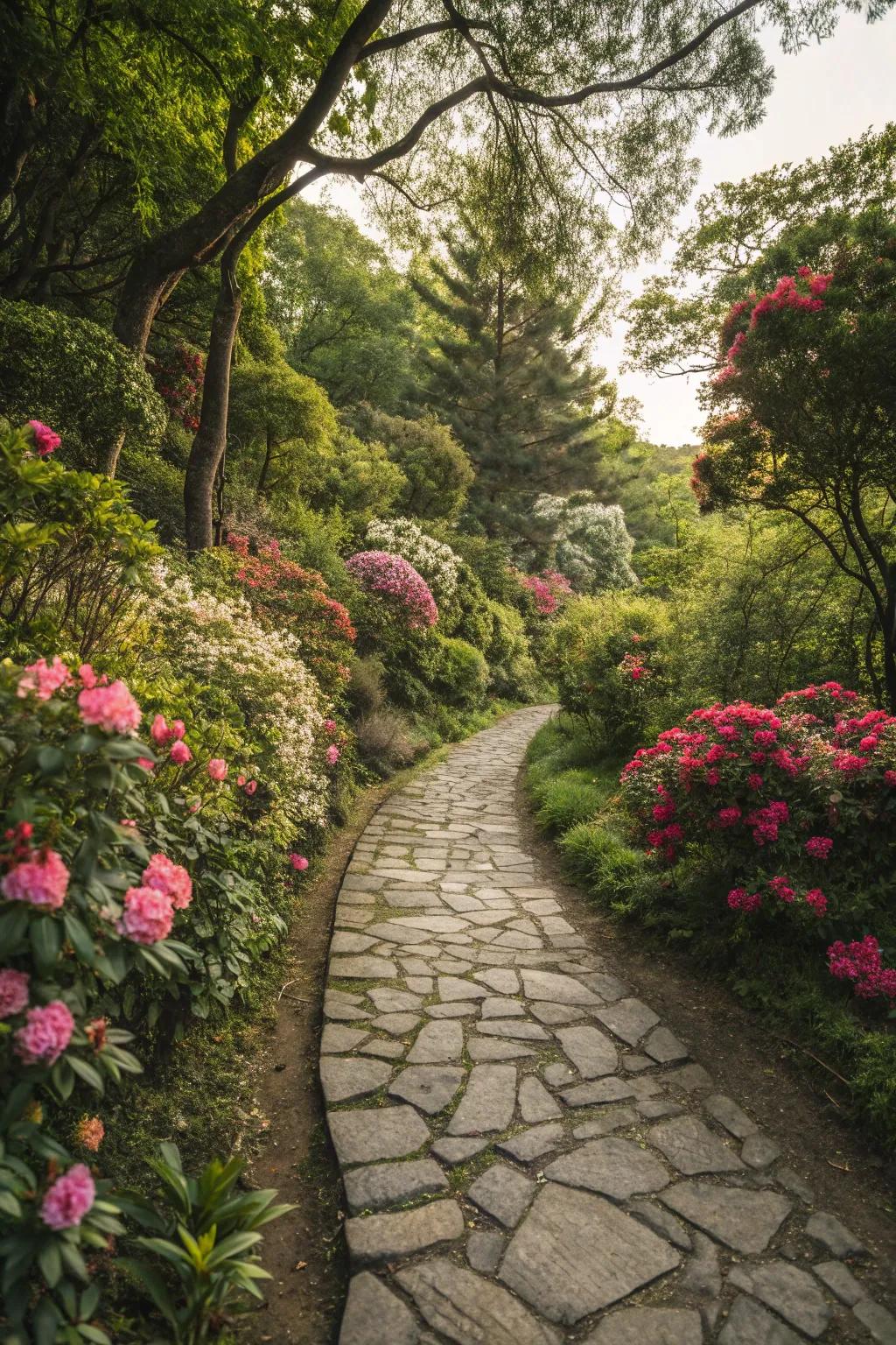 Flowering plants transform paths into vibrant seasonal showcases.