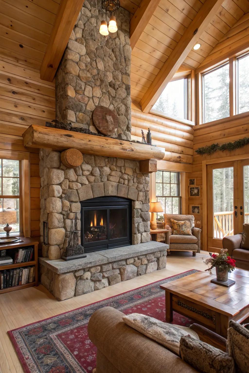 Rustic fireplaces evoke the warmth and charm of a cabin retreat.