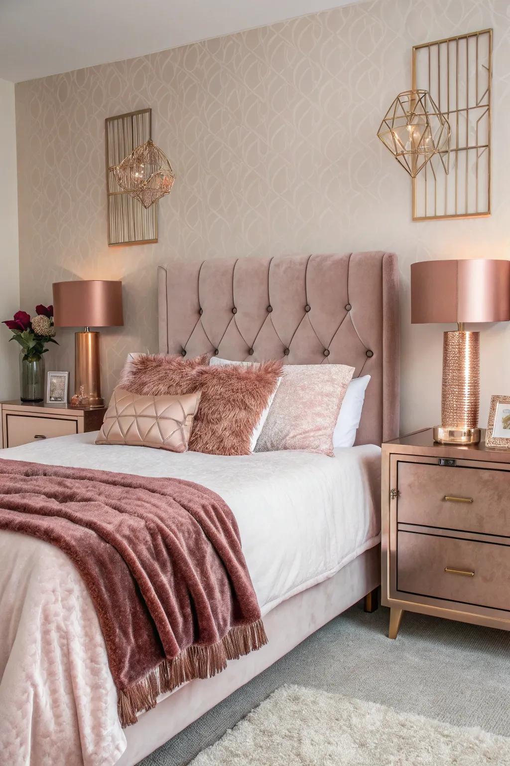 Gleaming gold decorative touches inject a hint of charm into the bedroom.
