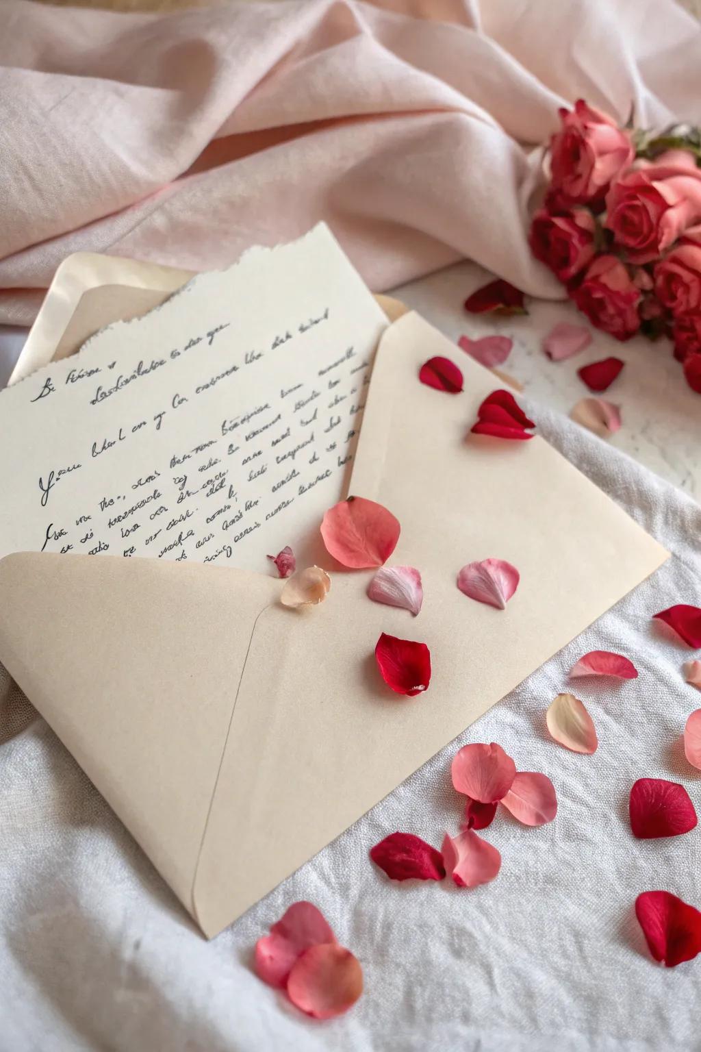 A love note accompanied by rose petals for added romance