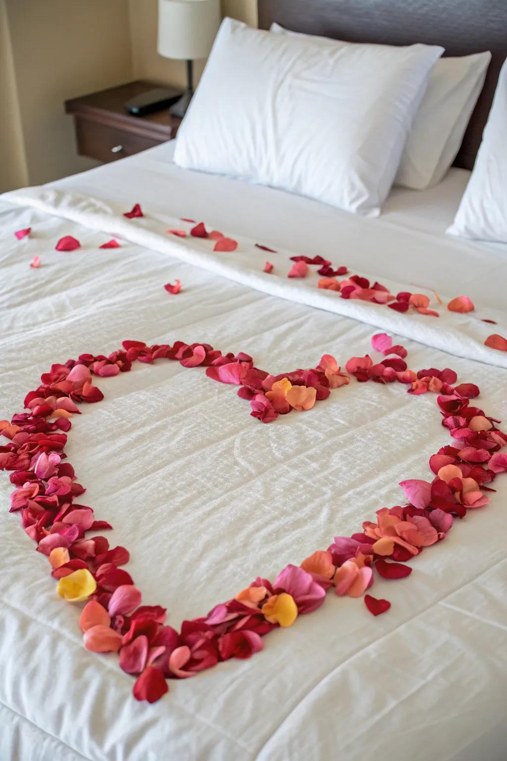 A heart shape made of bloom bits on a bed.