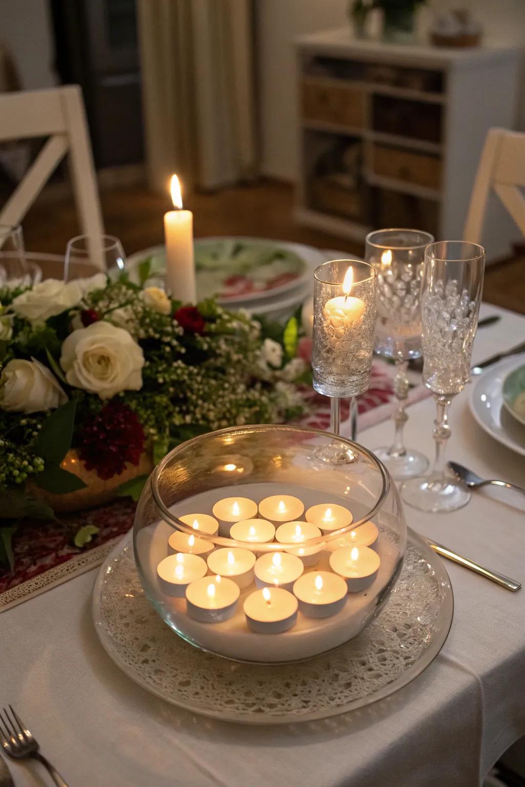 Set tiny lights within a clear bowl to create a snug and friendly radiance.