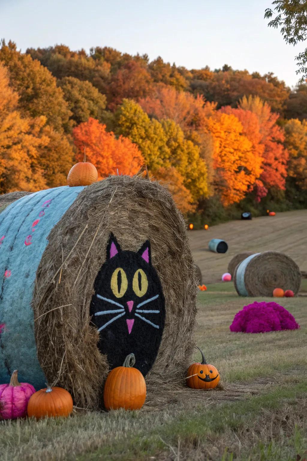 Incorporate an enigmatic allure into your Halloween embellishments through these playful eerie feline hay bales.