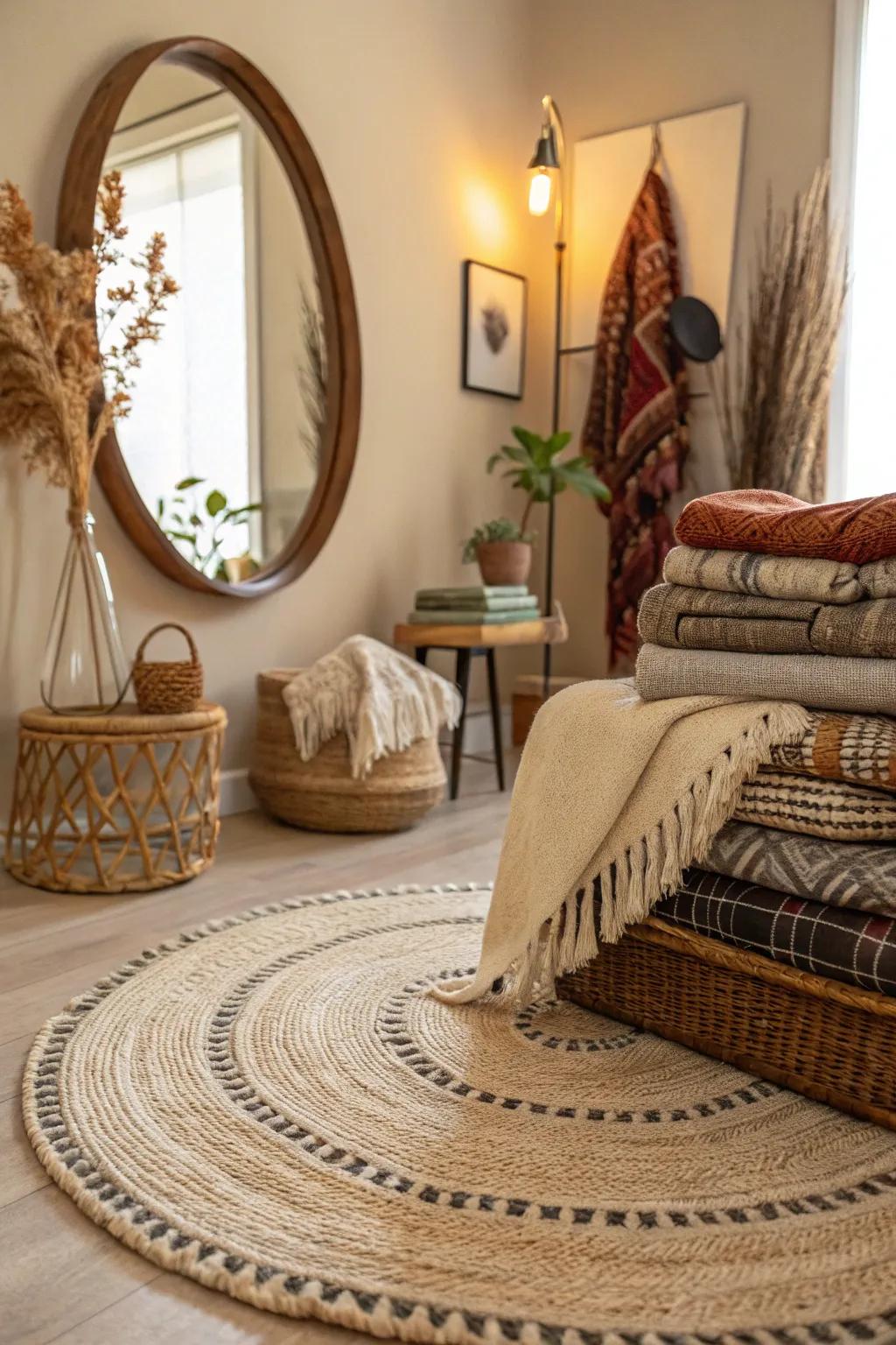 Textural elements complimenting a circular reflector, generating a cozy atmosphere.