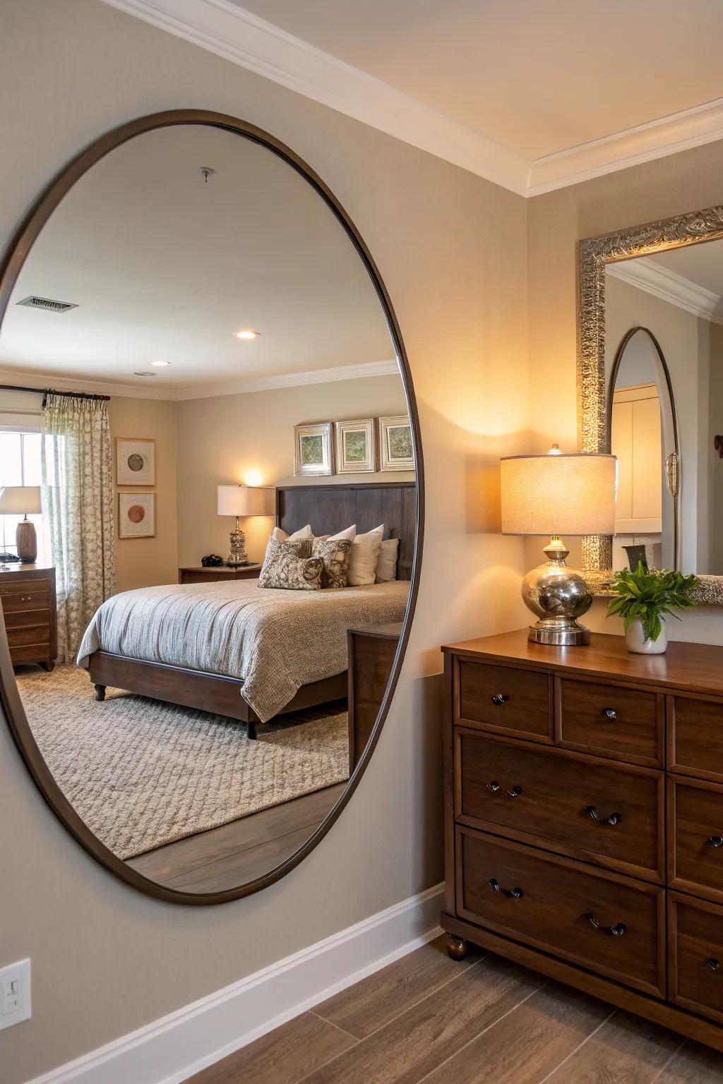 Bedroom featuring a large circular mirror enhancing the space.