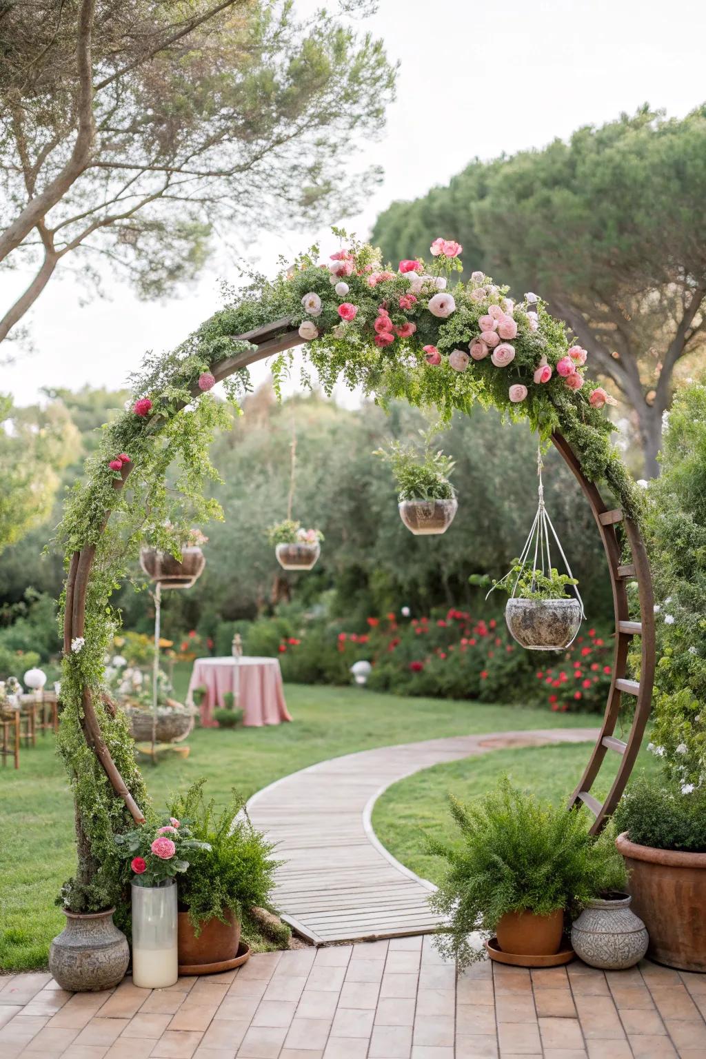 A garden-inspired circular wedding arch incorporating suspended elements.