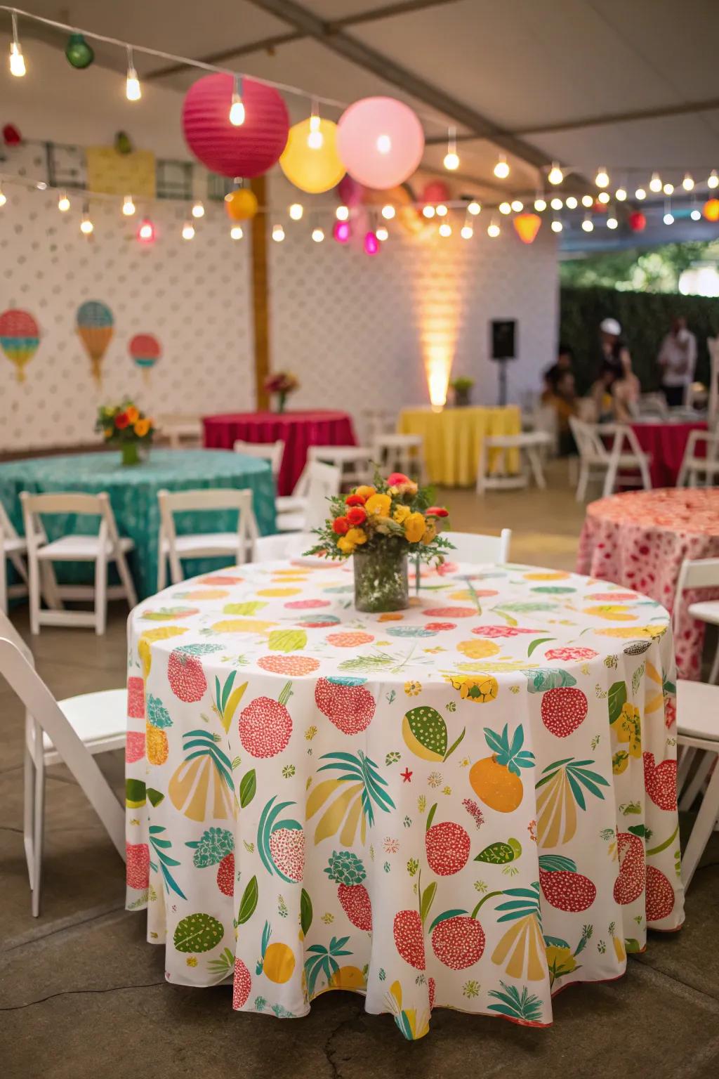 Playful patterned tablecloth introducing charm to a wedding.