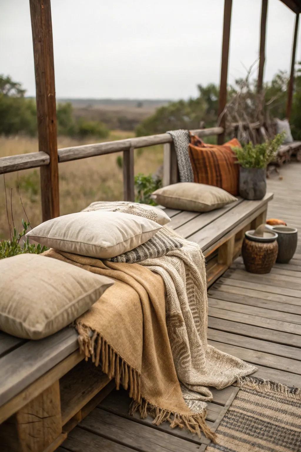 Natural fabrics introduce softness and a countryside touch to this deck.