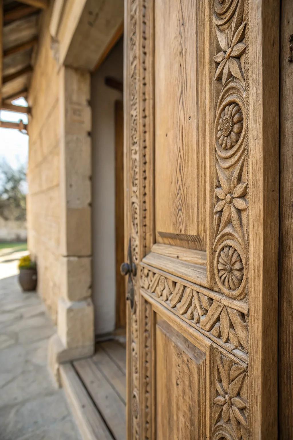 Intricate carvings add artistry and personalization to rustic doors.