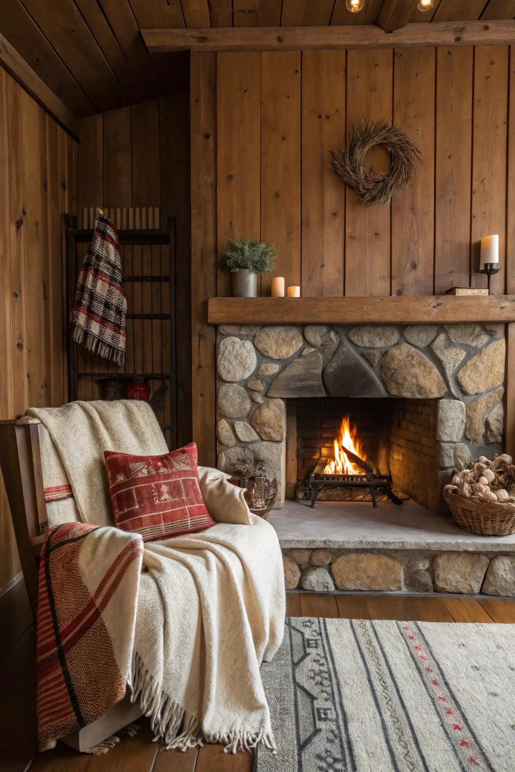 Vertical timber paneling incorporates altitude and drama to this country-style fireplace.