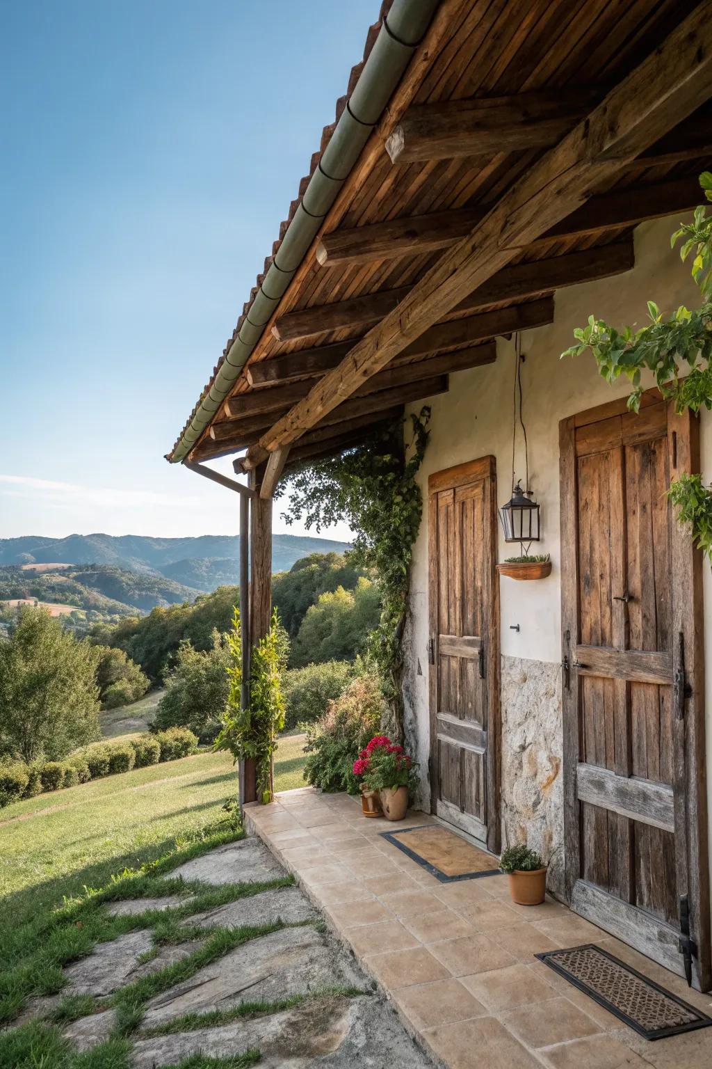 Weathered entrances injecting individuality to a rustic home.