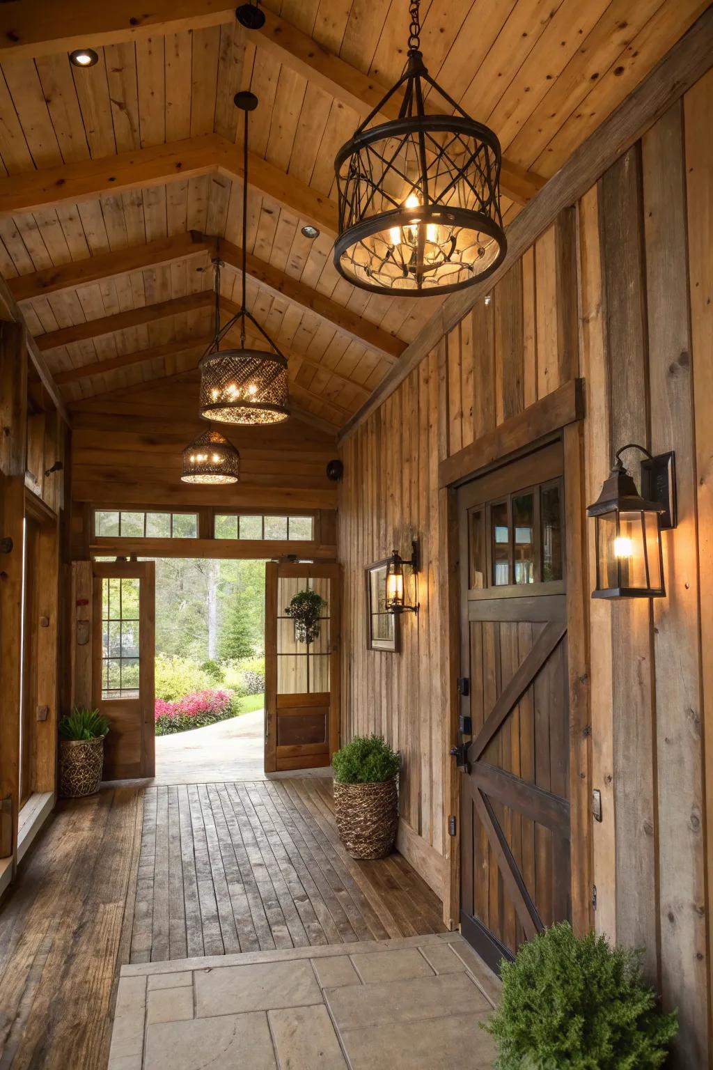 Barn wood fixtures welcome guests with warmth and style within this entryway.