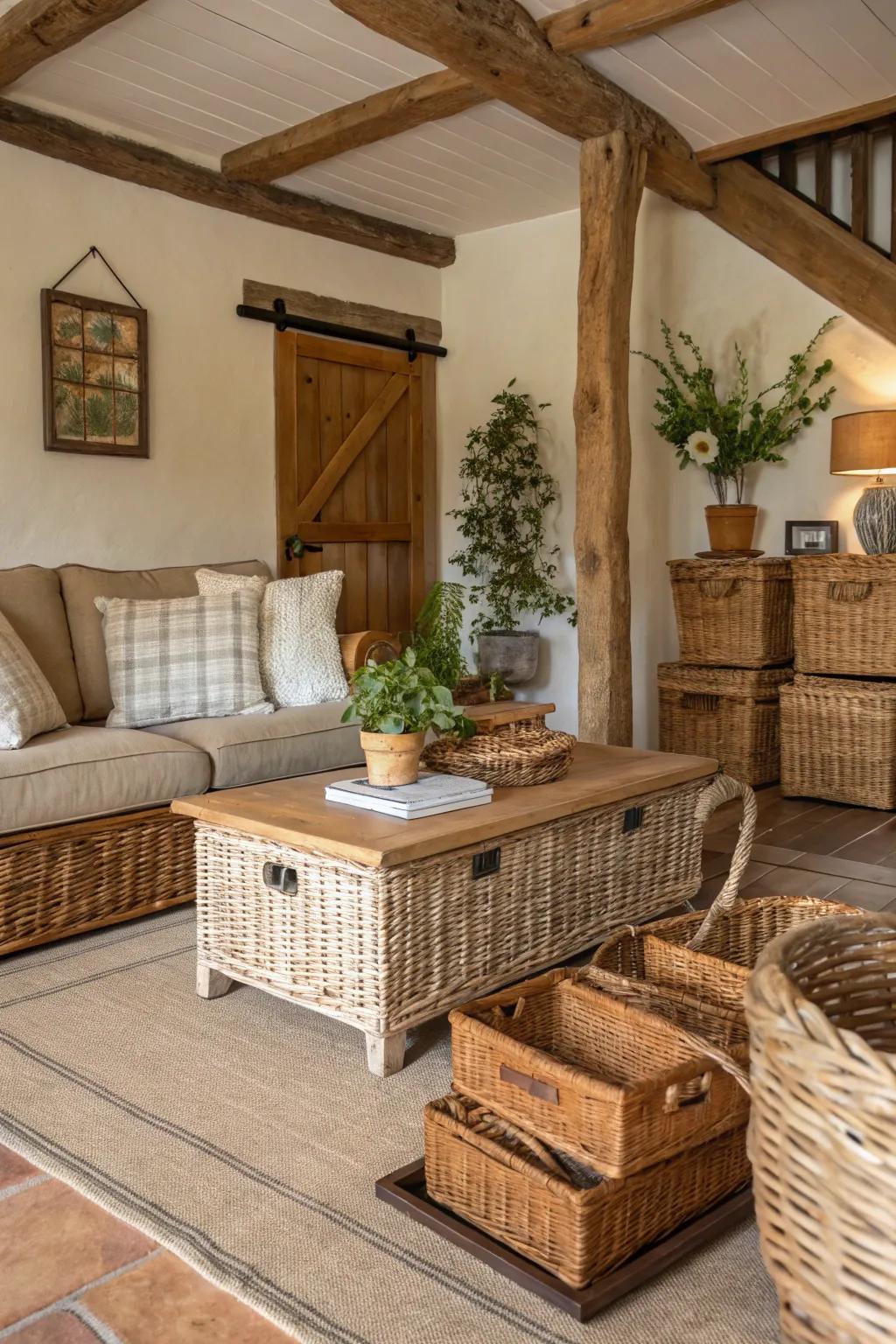 Wicker containers enhance the rustic aesthetic with functional storage.