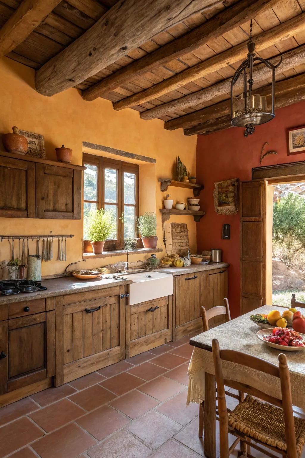 Warm, muted tones create a weathered beauty in this kitchen.
