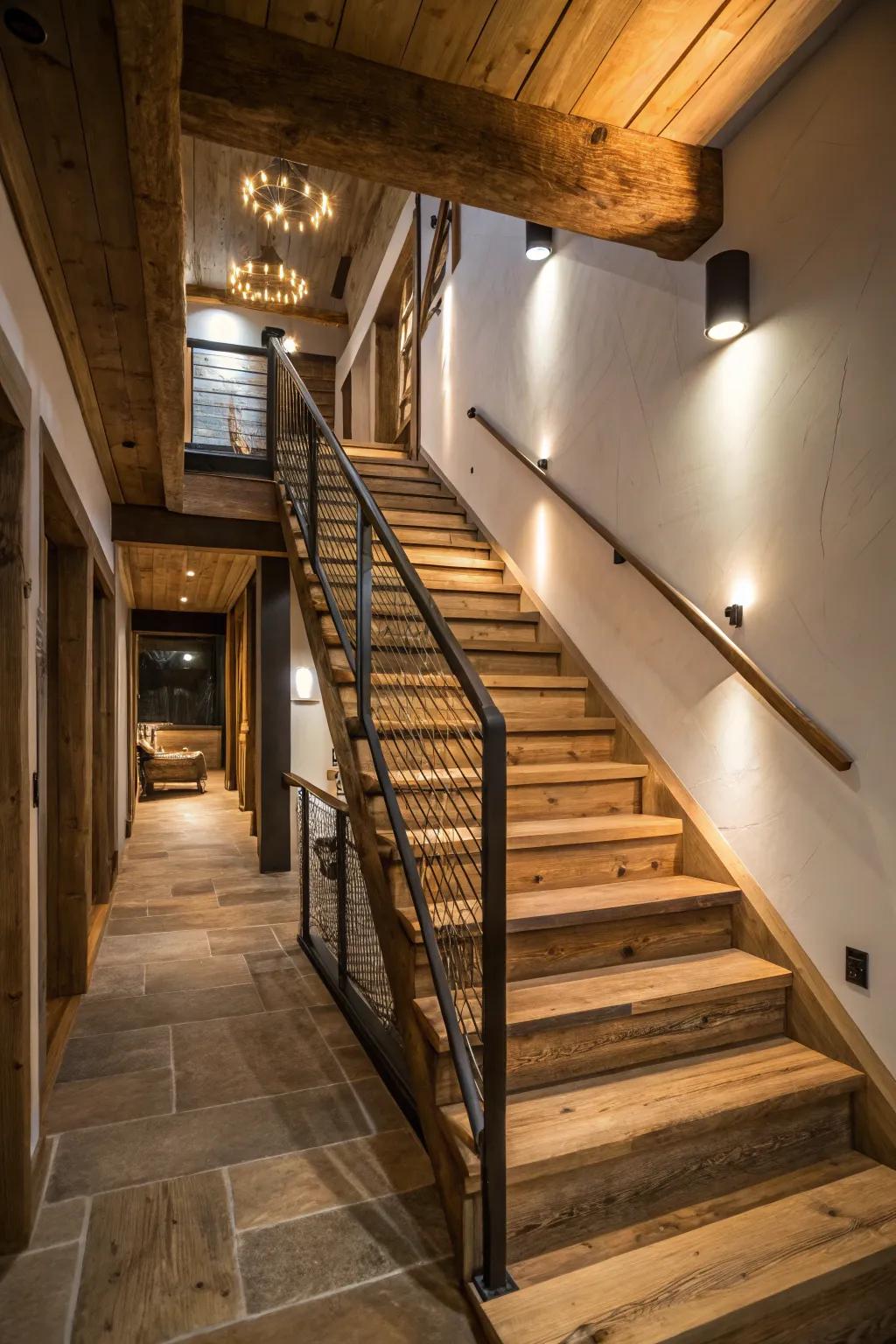 A staircase that beautifully merges rustic charm with avant-garde style.
