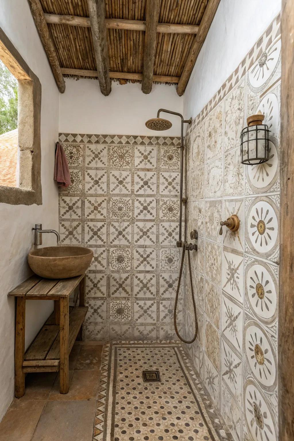 Patterned cement tiles create a bold and distinctive feature in the shower.