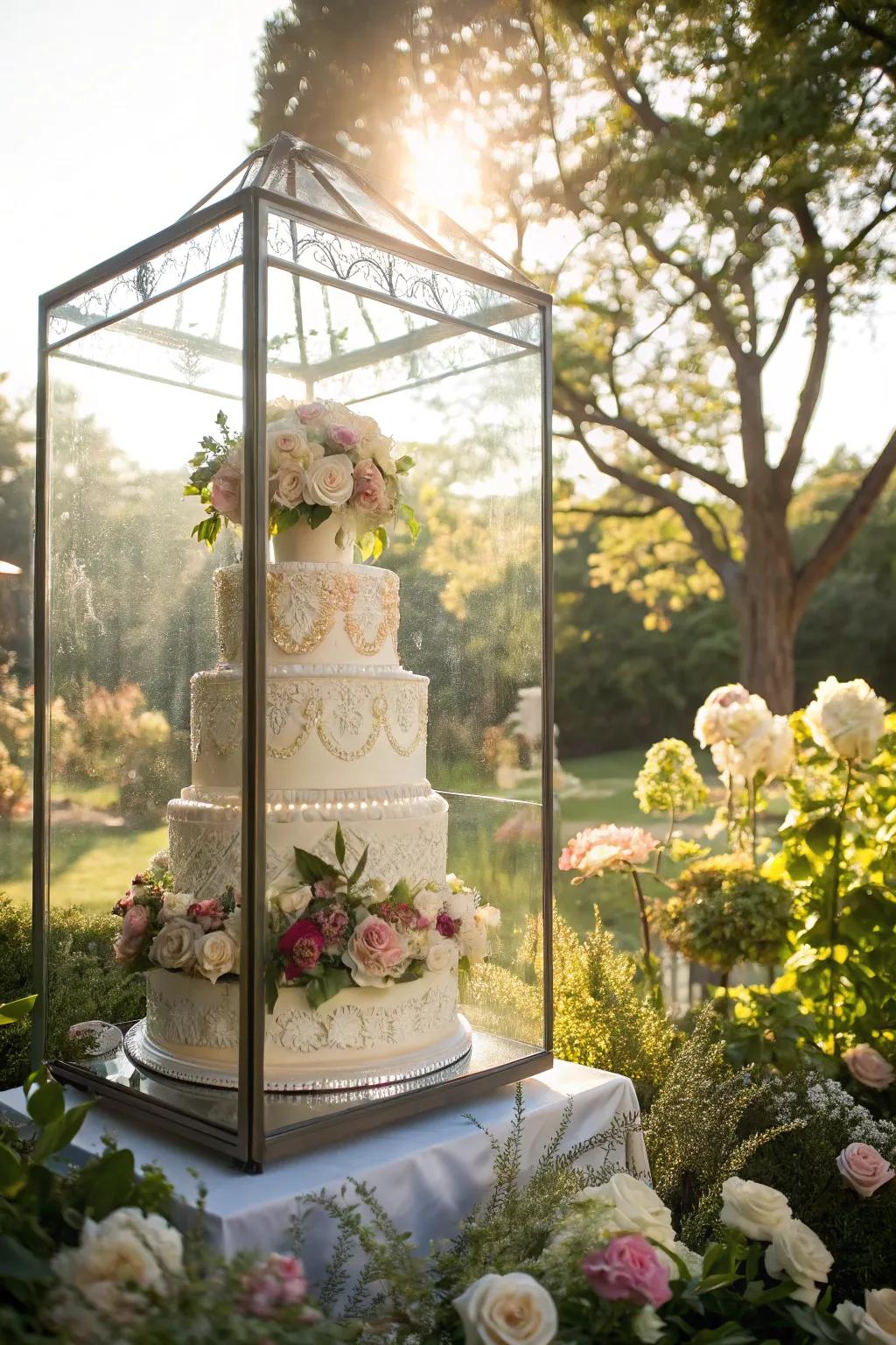 Floral-filled glass display creates a breathtaking cake centerpiece.