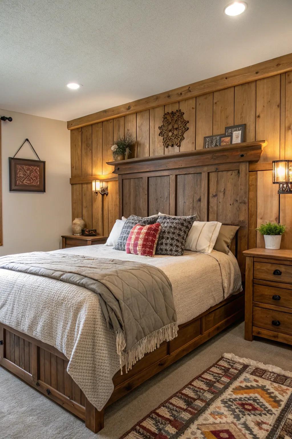 Paneling as a headboard substitute contributes texture and curiosity.