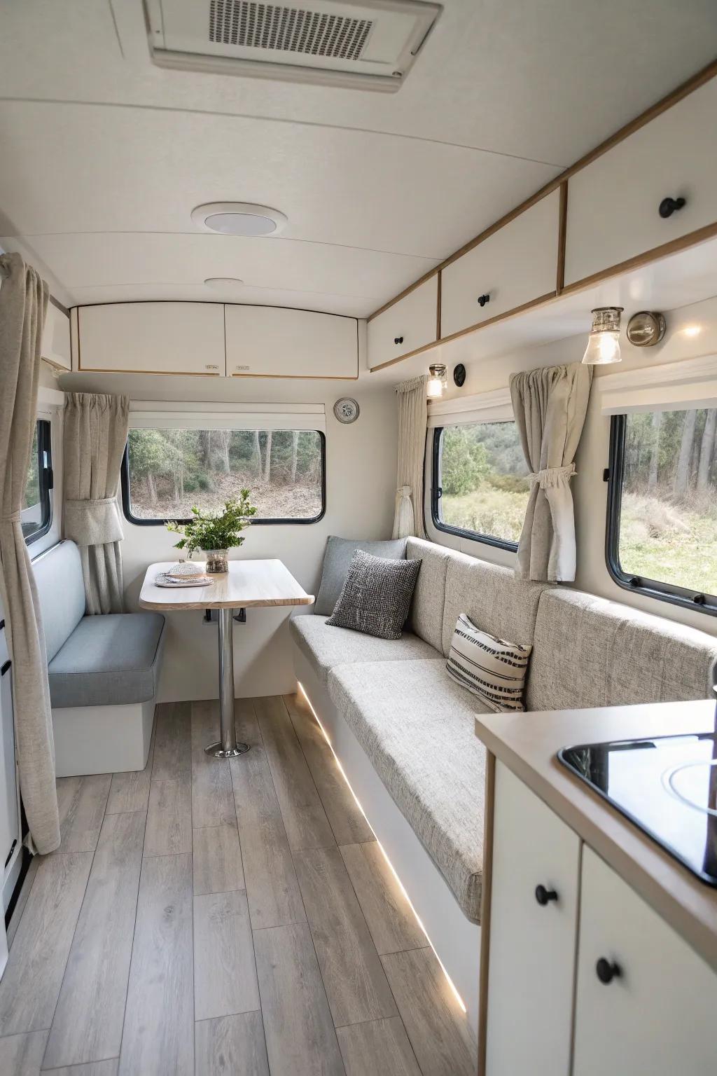 Minimalist serenity amplifies concentration and tranquility in this RV.