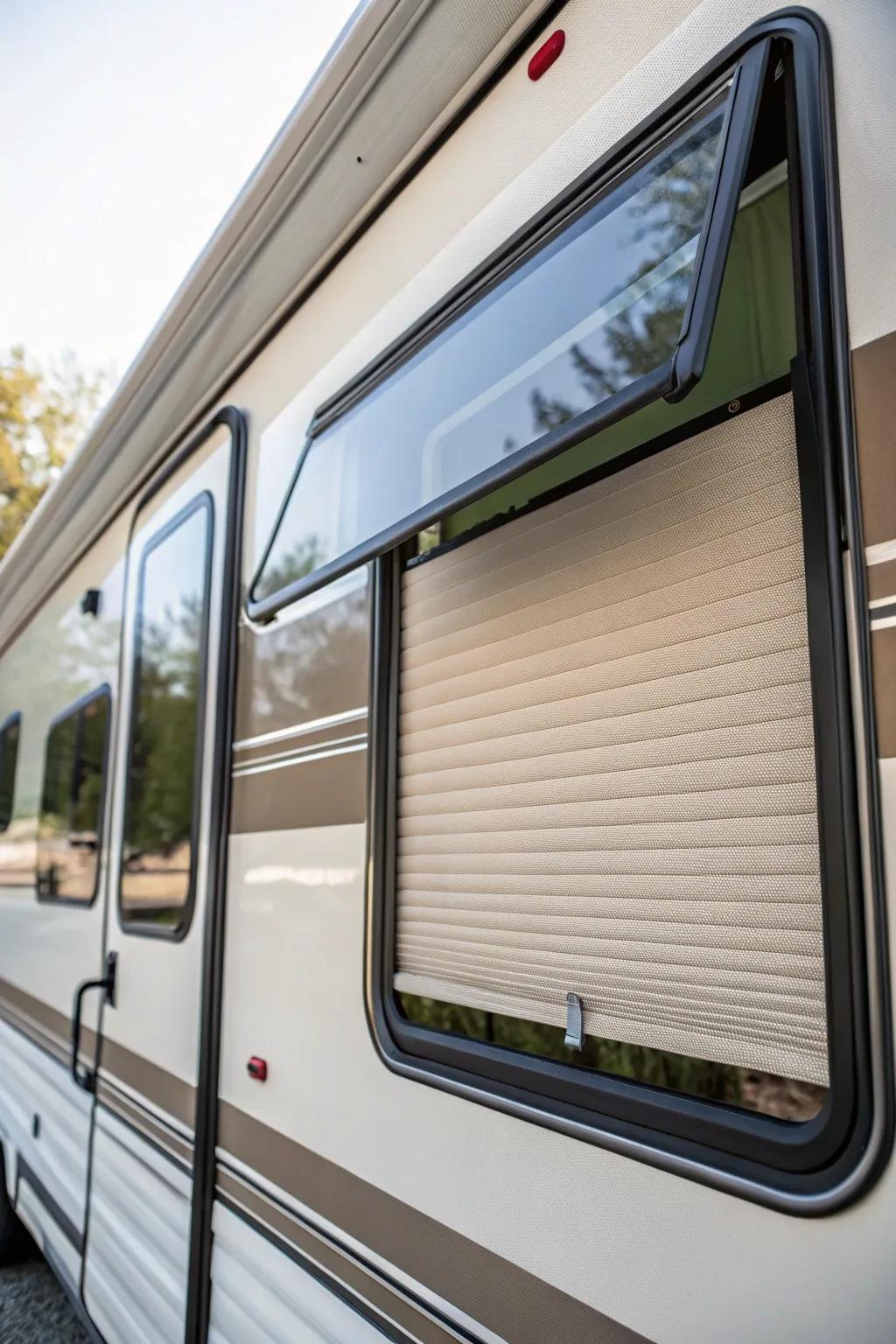 Honeycomb shades offer shielding and energy efficiency.