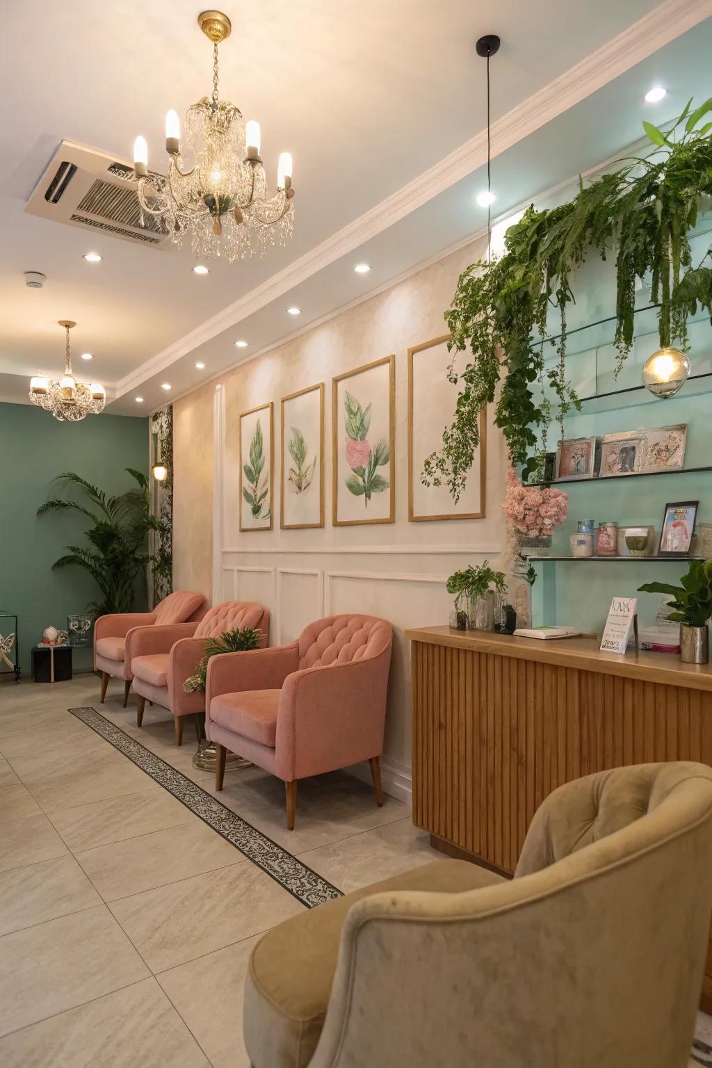 A salon reception area that features a warm and inviting color scheme creating a cozy atmosphere.