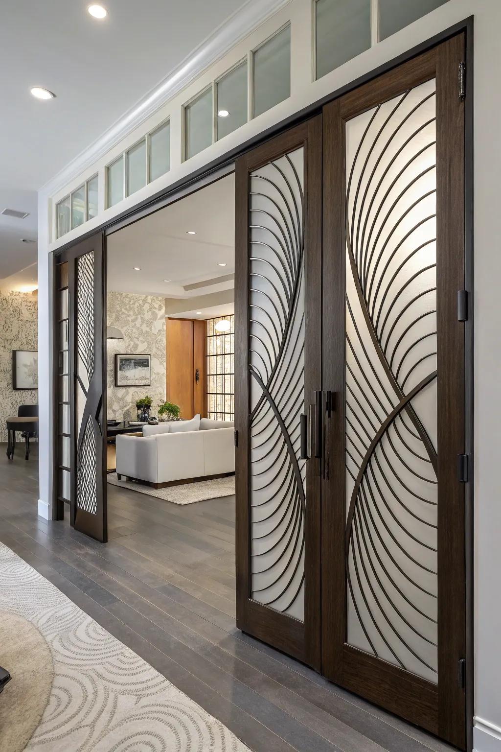 Sculptural swinging doors offer striking depth.