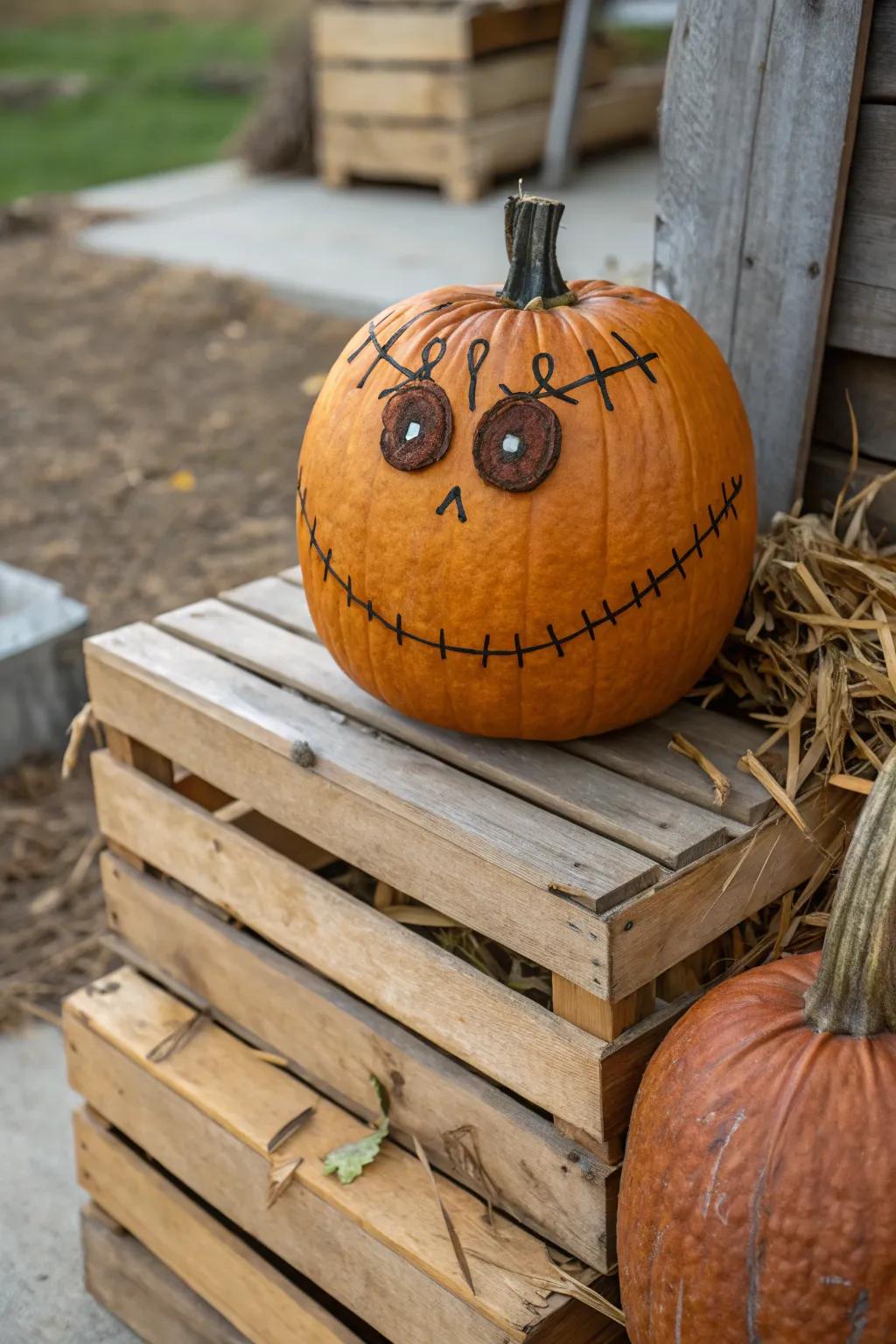 Country spike orbs grant a daring twist to this scarecrow pumpkin.
