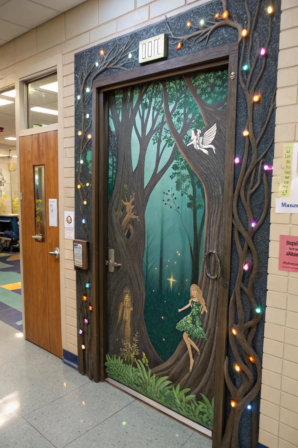 A mystical forest-themed school entrance featuring enchanting elements.