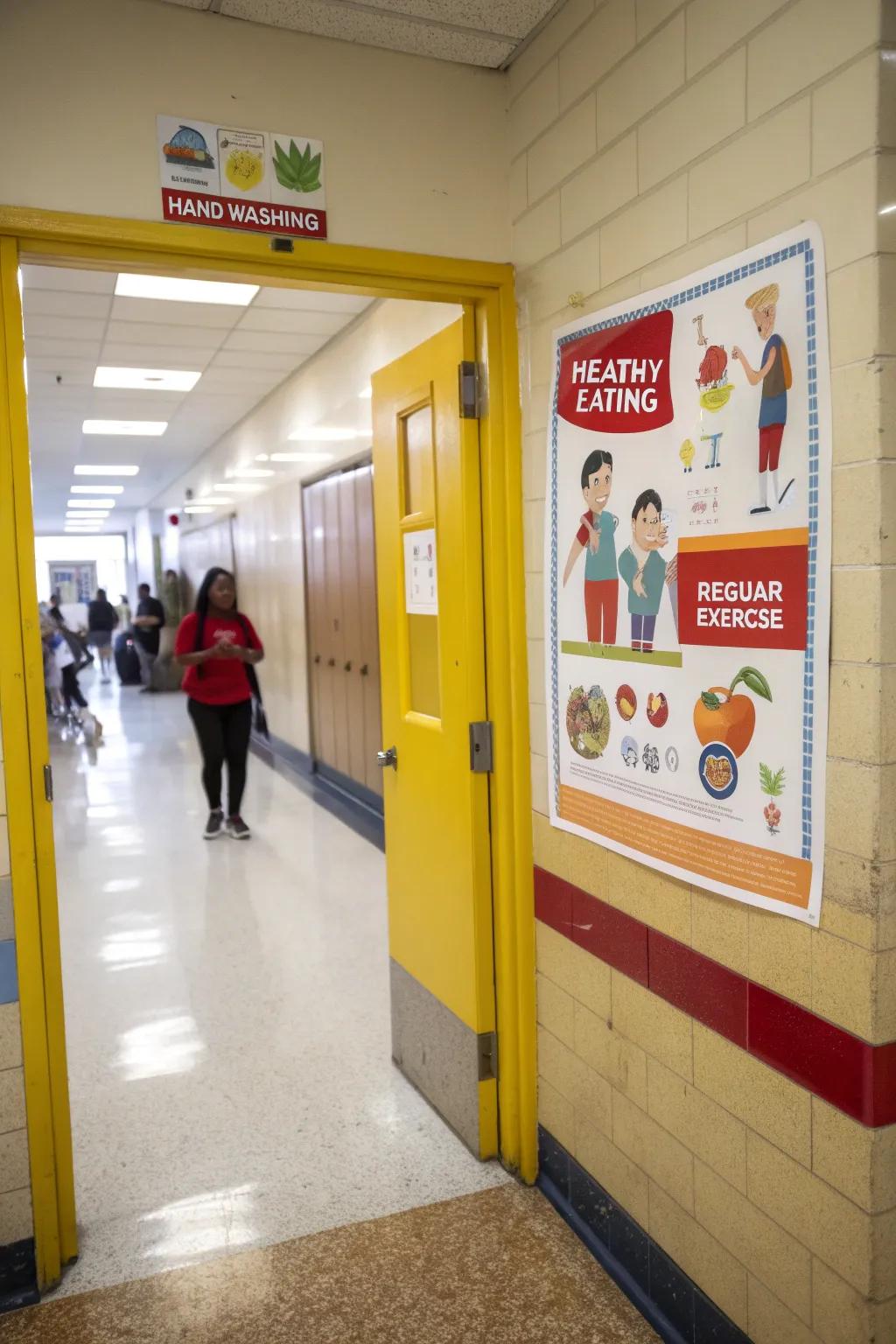 A health-focused school nurse’s door promoting healthy habits.
